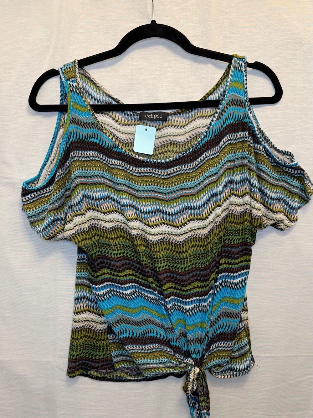 Eclipse Blue & Green Cold-Shoulder Knit Top